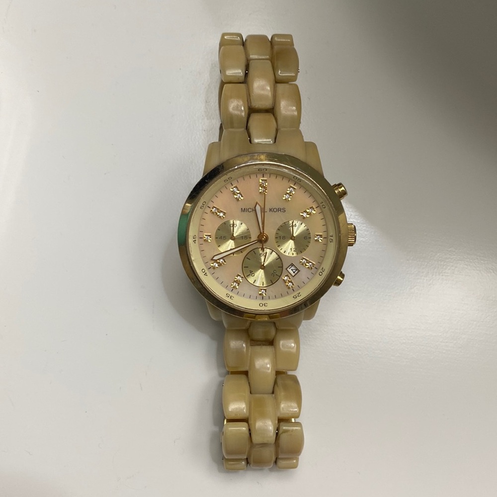 Michael Kors tan bone oversized watch w mother of pearl face